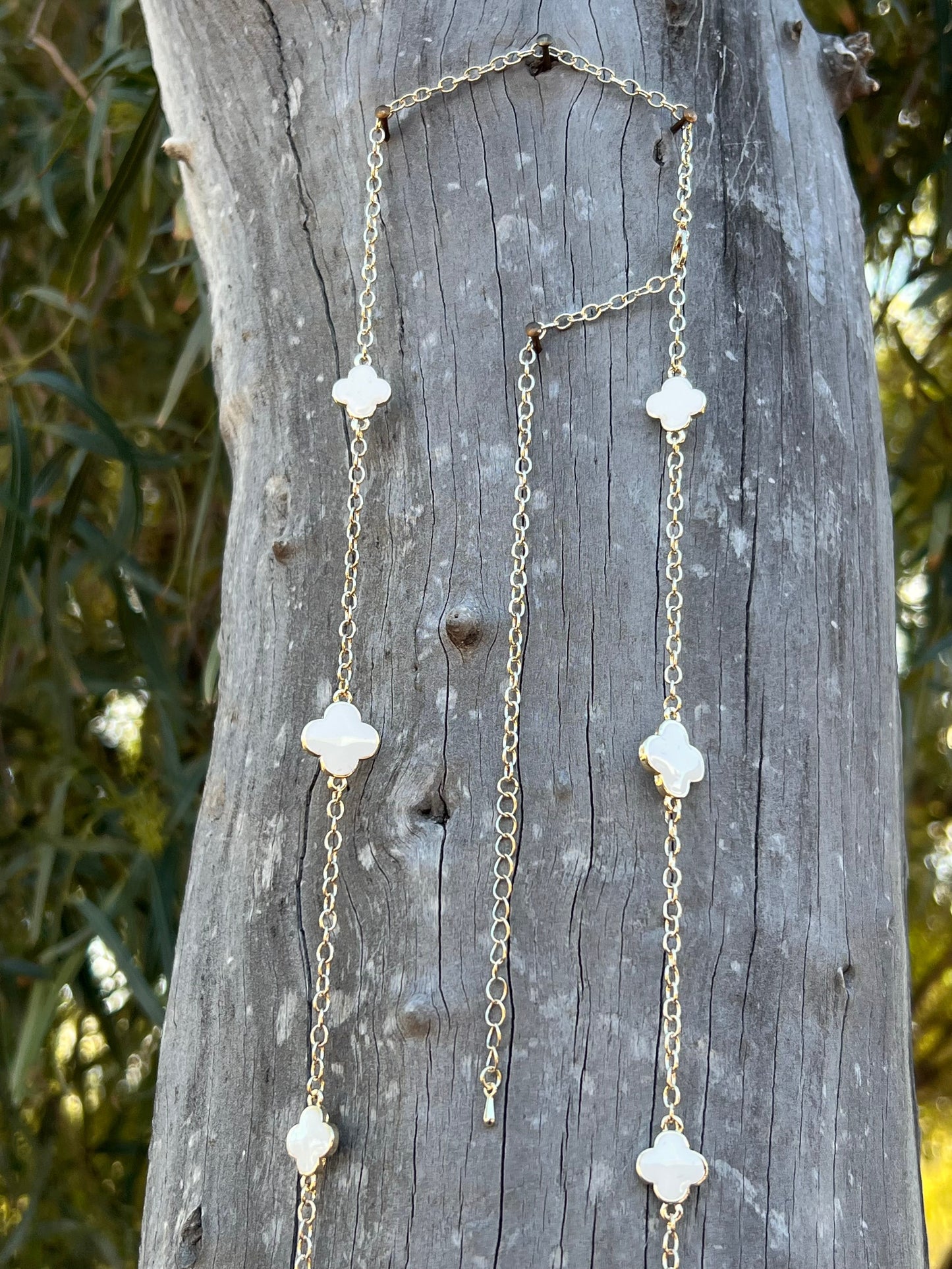 14k Gold Plated White Clover Cross Necklace -DS