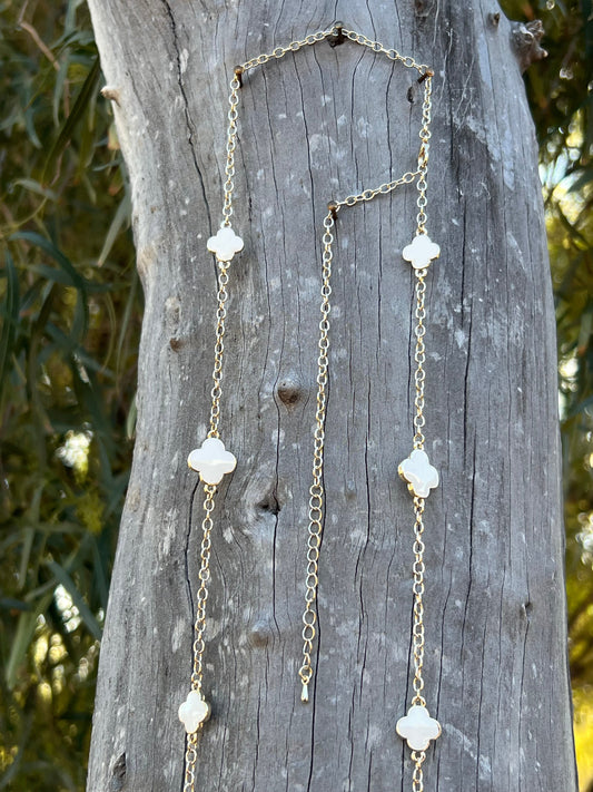 14k Gold Plated White Clover Cross Necklace -DS