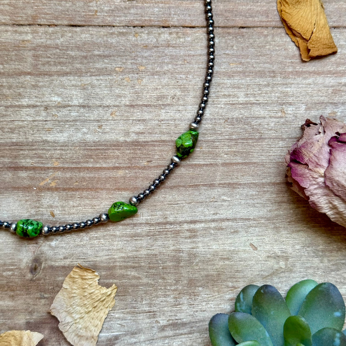Green Nugget Turquoise & Sterling Silver Pearl Necklace -DS