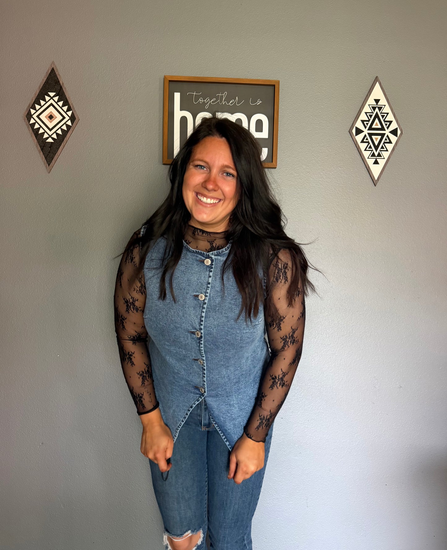 Western Button Down Front Slit Denim Vest