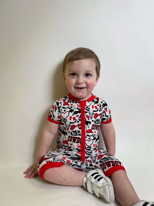 Red Cowboy Bamboo Shortie Romper -DS