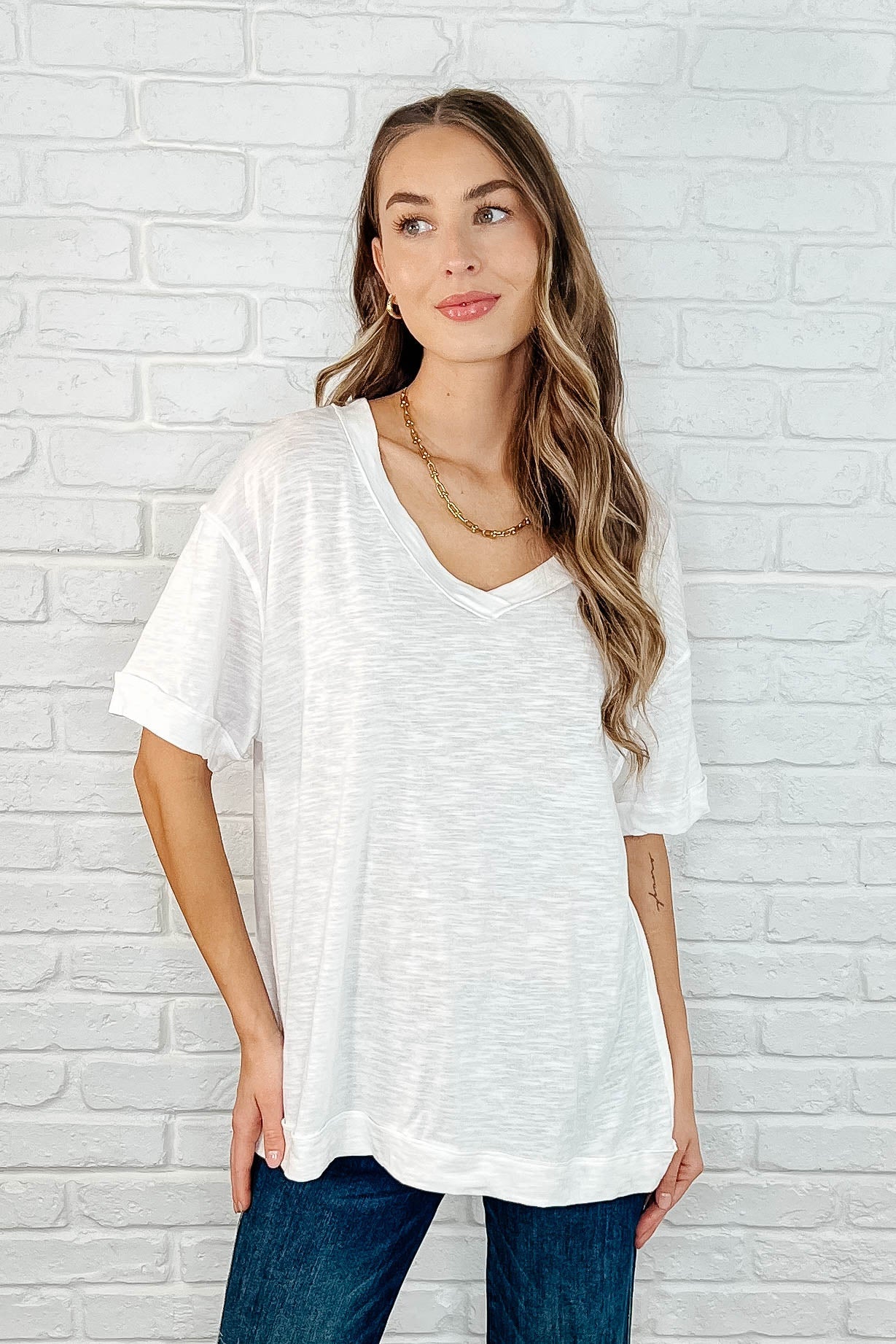 Basic Instinct Drop Shoulder V-Neck Tee in Ivory -DS