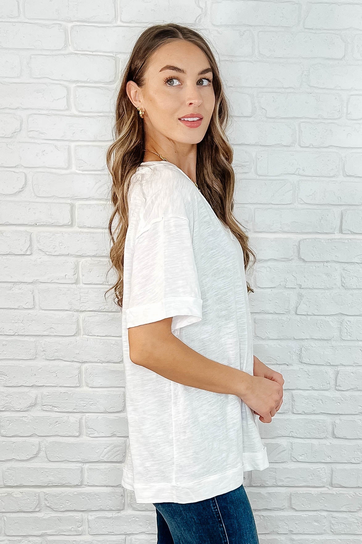 Basic Instinct Drop Shoulder V-Neck Tee in Ivory -DS