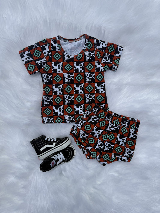 Cow & Aztec Checkered Short Set -DS