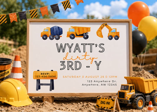 Construction Boy 3rd Birthday Invite