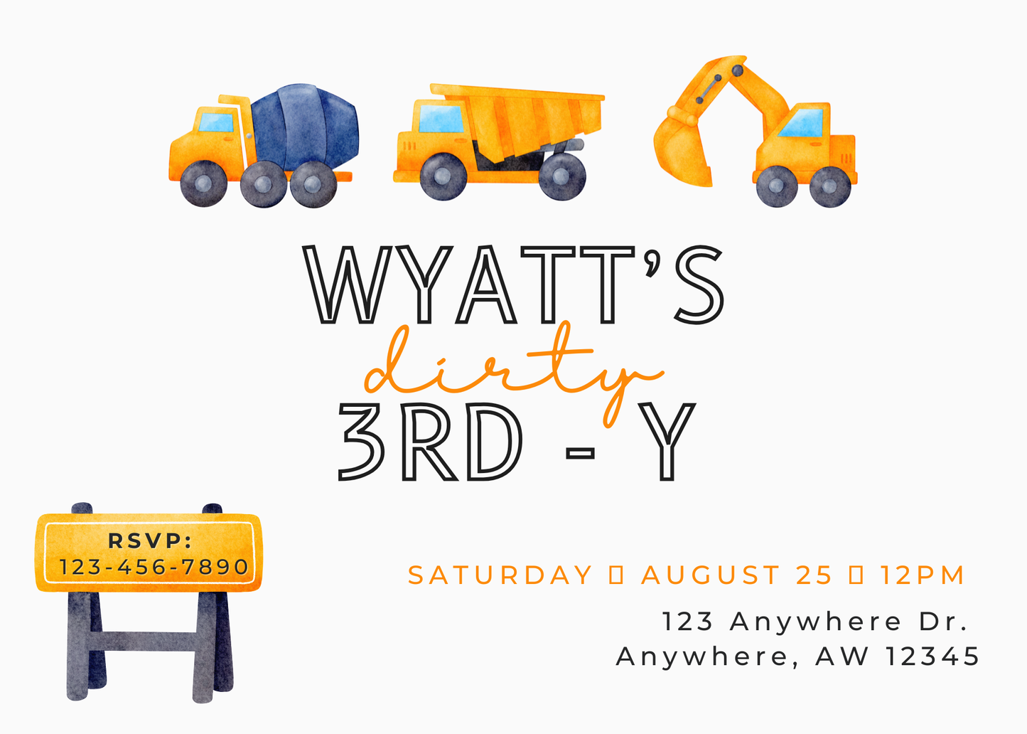 Construction Boy 3rd Birthday Invite