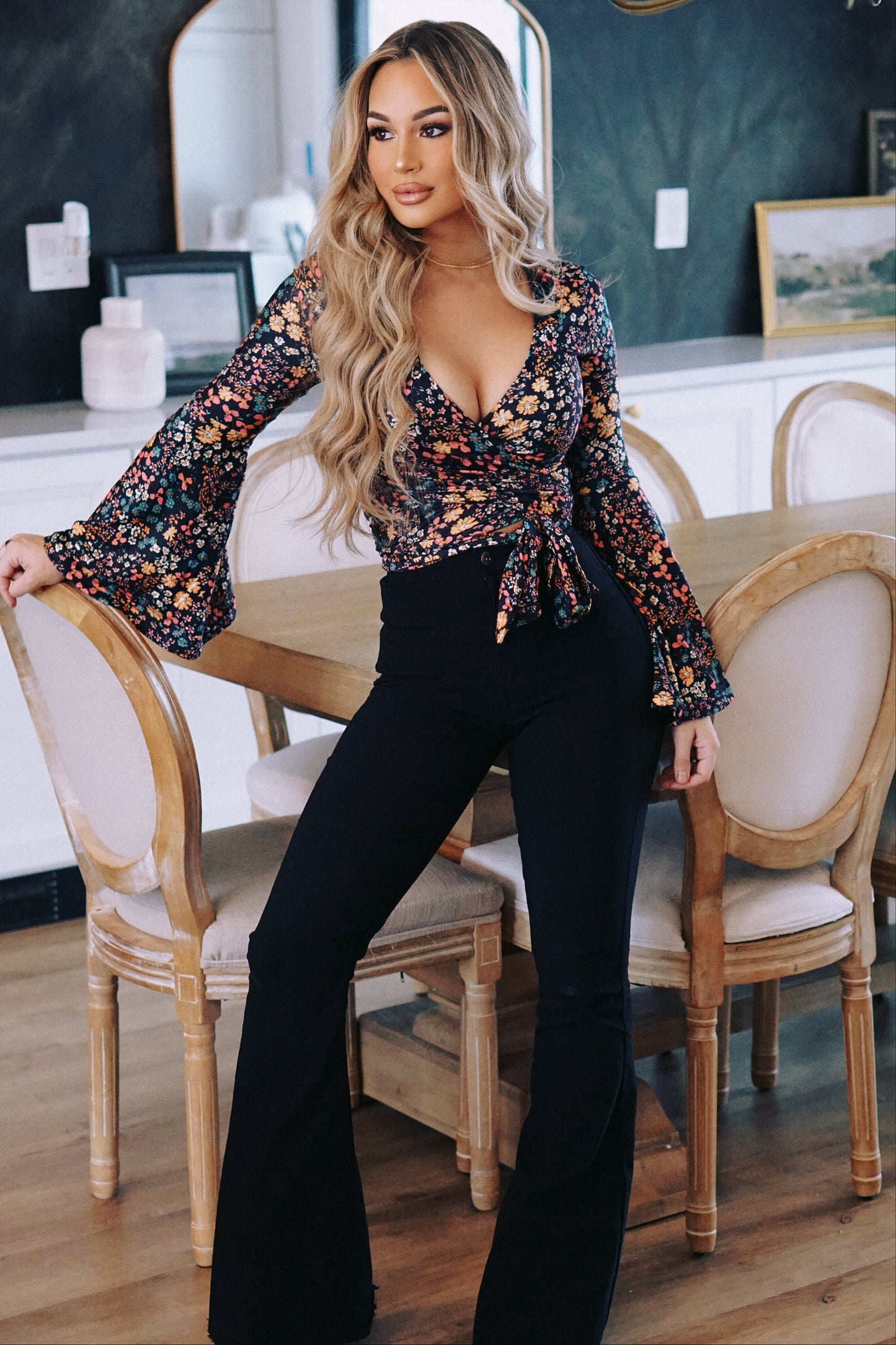 Fiona High Waisted Bell Bottom Flare Jeans - Black -DS