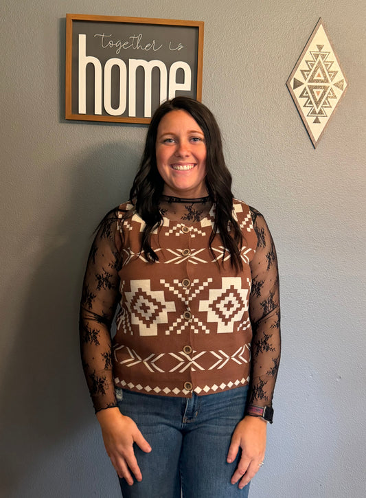 Western Aztec Button Square Neck Sweater Vest