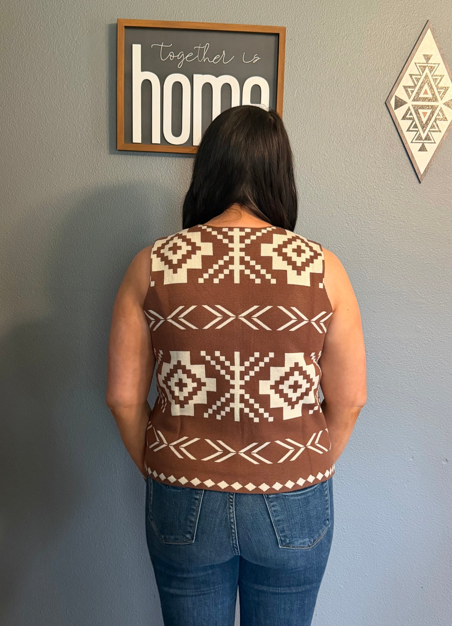 Western Aztec Button Square Neck Sweater Vest