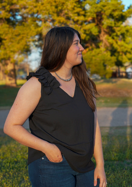 DS- Black - Plus Size - Ruffle Trim Sleeveless Top