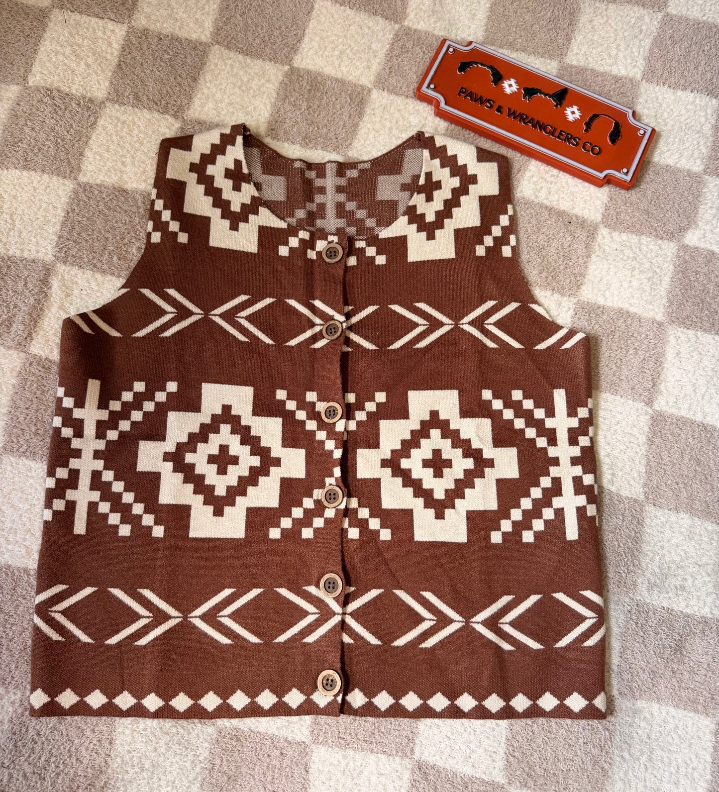 Western Aztec Button Square Neck Sweater Vest