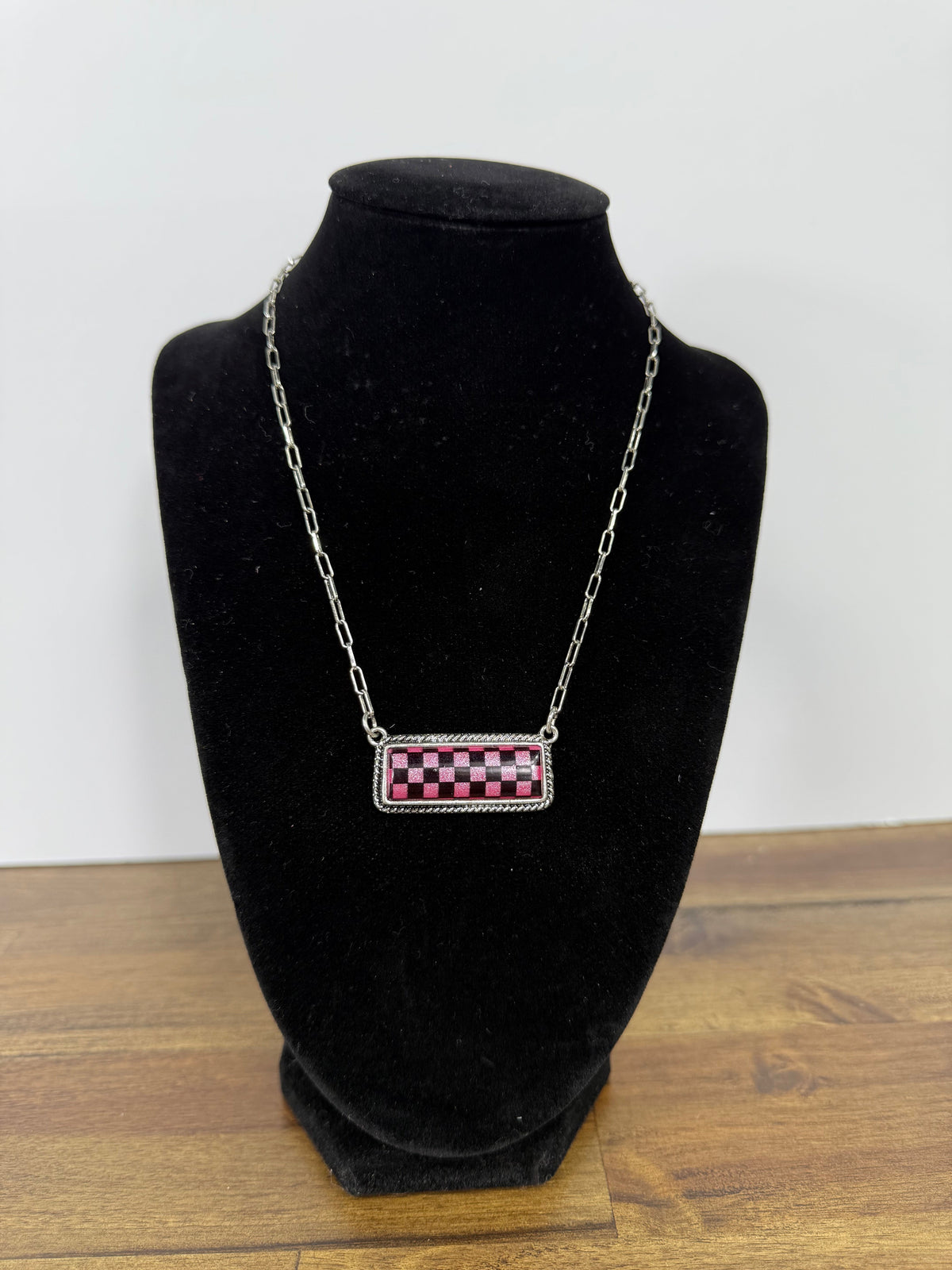 Pink Checkered Bar Necklace-DS