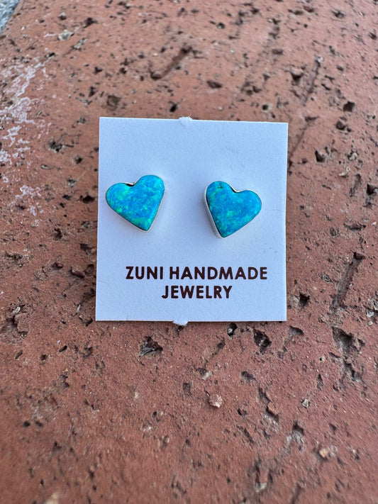 Handcrafted Sterling Silver & Blue Opal Stud Heart Earrings -DS