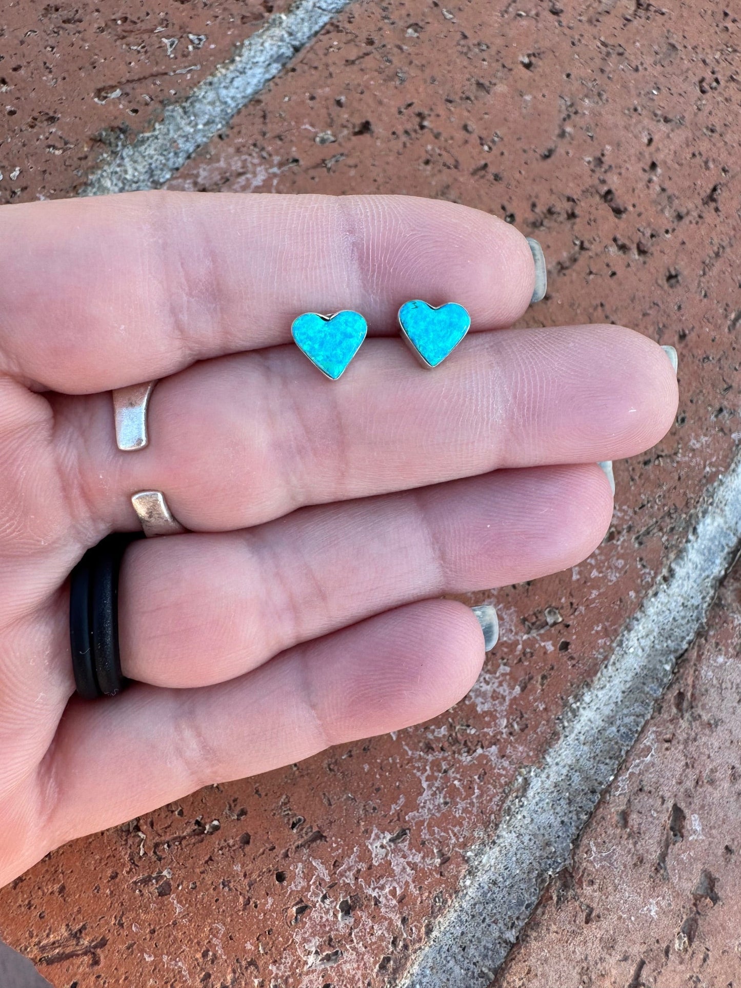 Handcrafted Sterling Silver & Blue Opal Stud Heart Earrings -DS