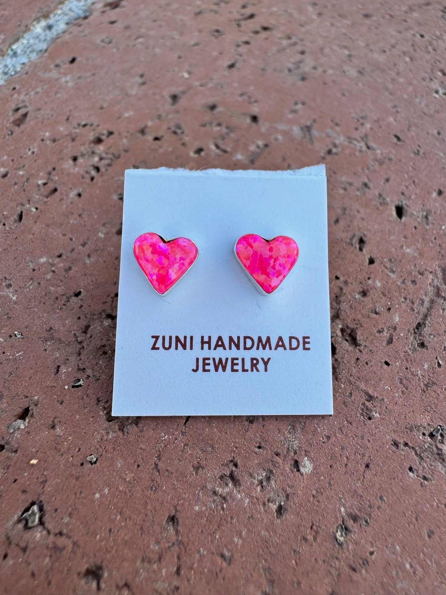 Handcrafted Sterling Silver & Pink Opal Stud Heart Earrings-DS