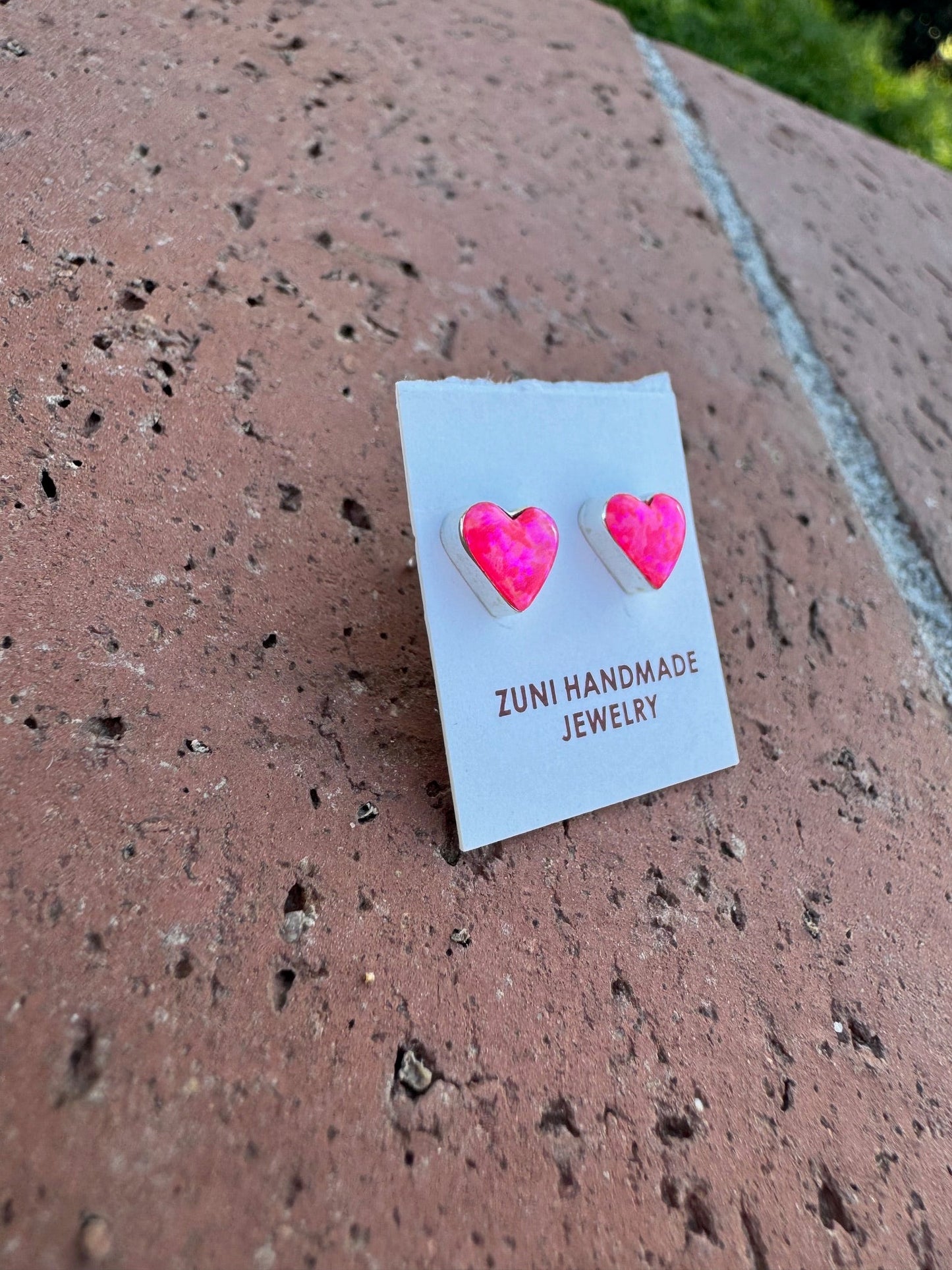 Handcrafted Sterling Silver & Pink Opal Stud Heart Earrings-DS