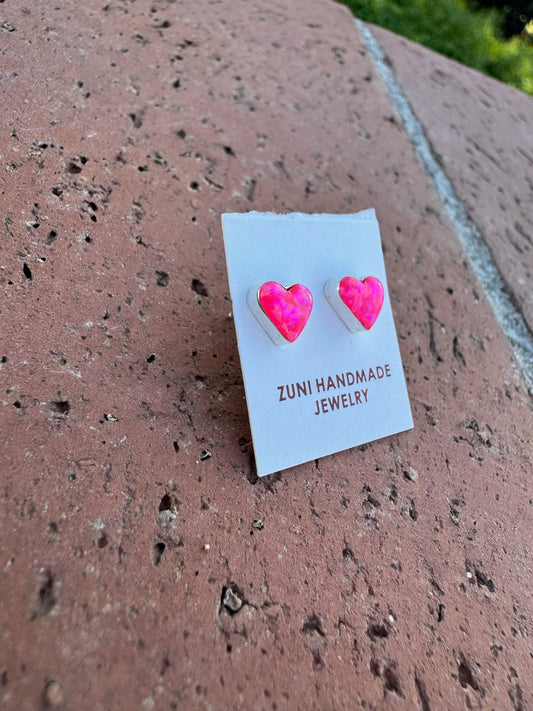 Handcrafted Sterling Silver & Pink Opal Stud Heart Earrings-DS