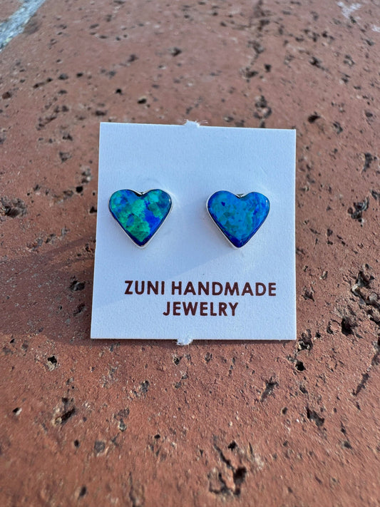 Handcrafted Sterling Silver & Blue Opal Stud Heart Earrings -DS