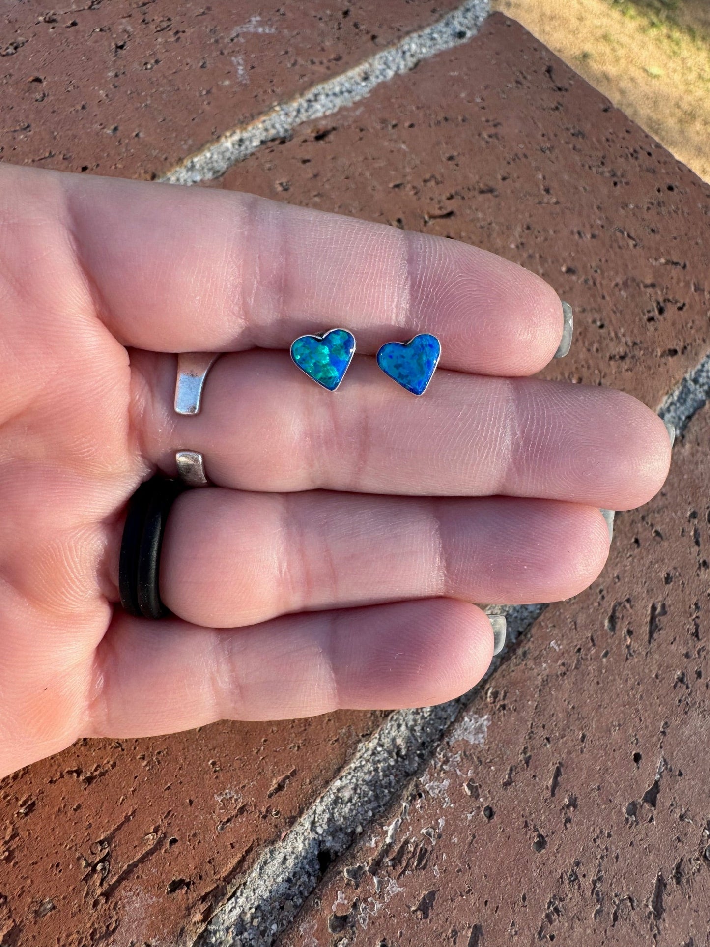 Handcrafted Sterling Silver & Blue Opal Stud Heart Earrings -DS