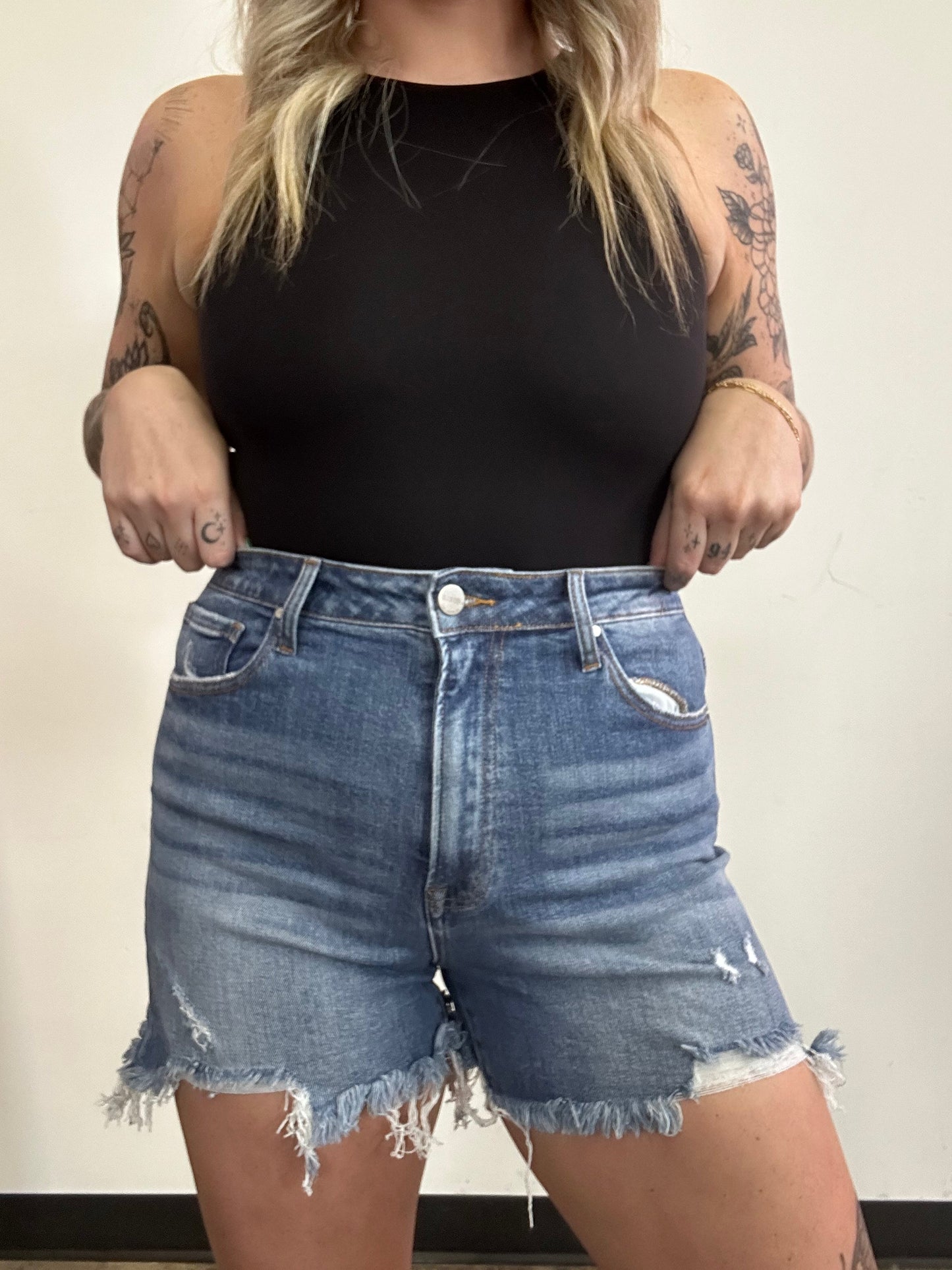 On The Go Distressed Shorts- Medium Wash -DS