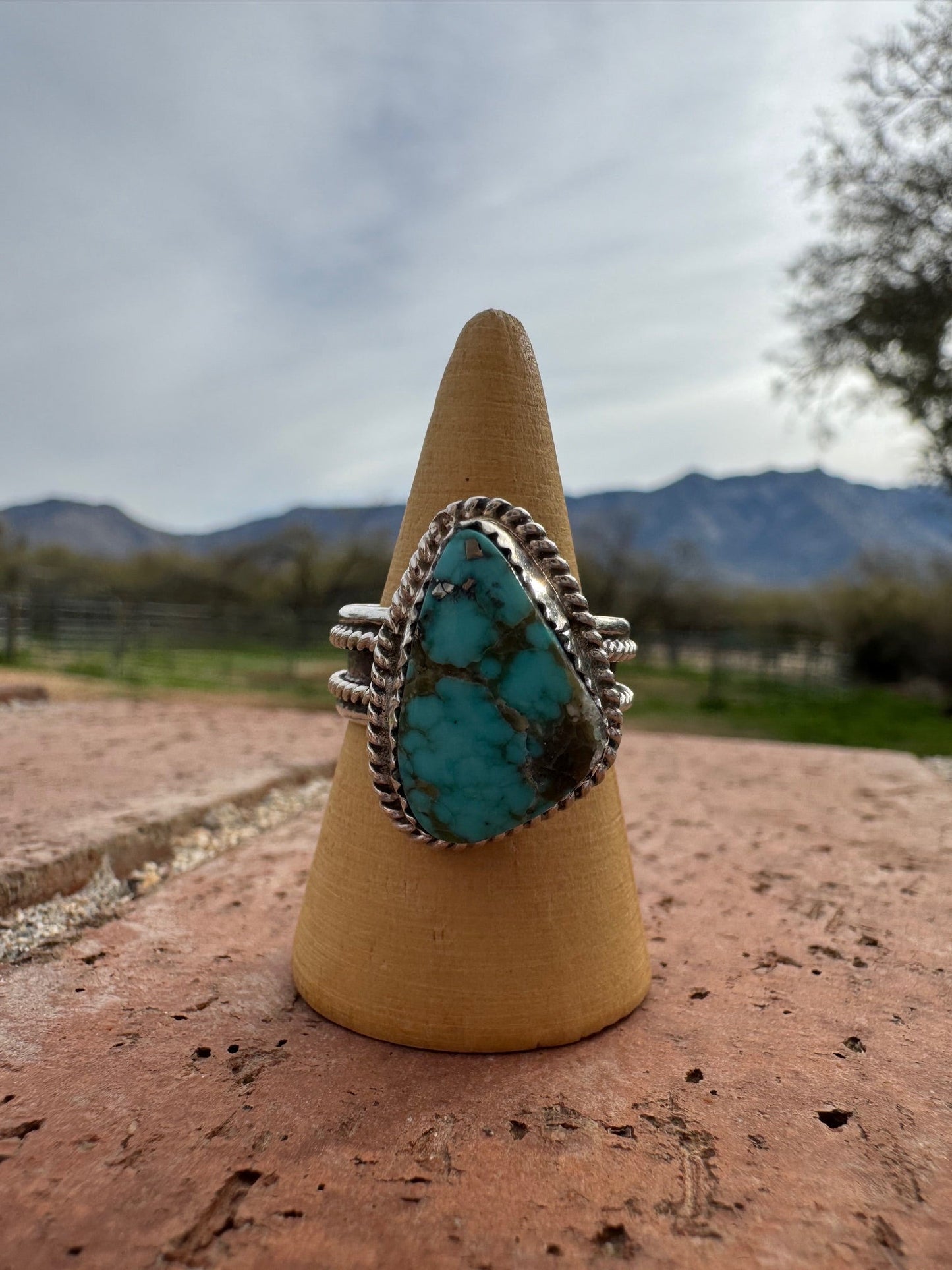 Handcrafted Triangular Kingman Turquoise & Sterling Silver Ring -DS