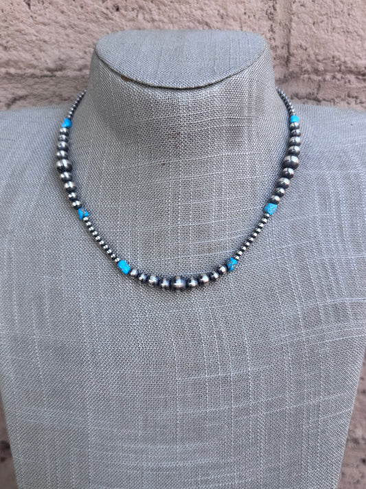 Handcrafted Sterling Silver & Kingman Turquoise 3-8mm Beaded Necklace 16" -DS