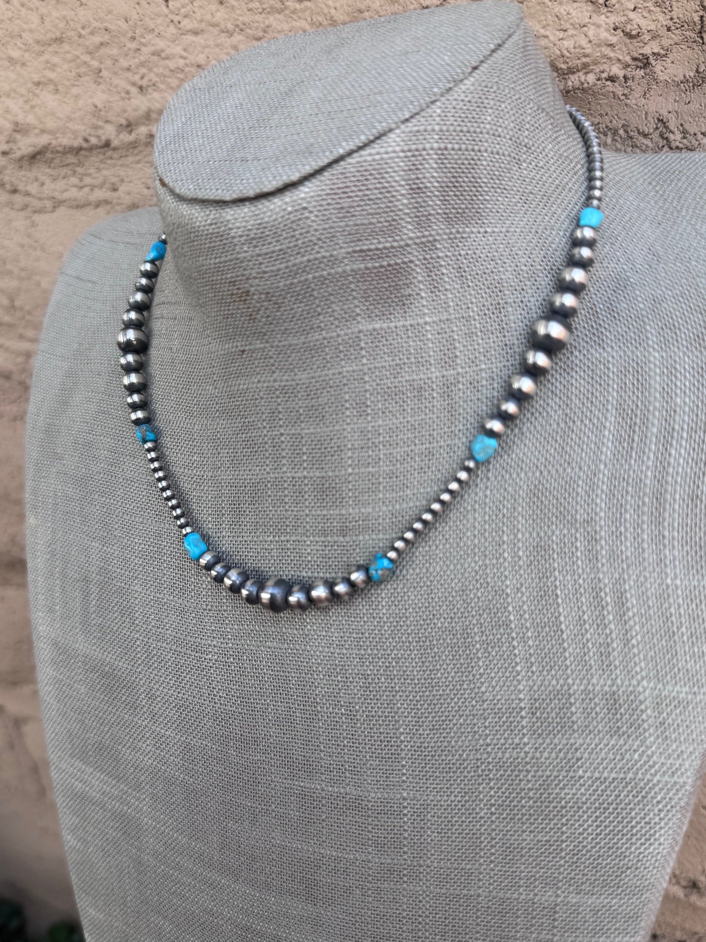 Handcrafted Sterling Silver & Kingman Turquoise 3-8mm Beaded Necklace 16" -DS