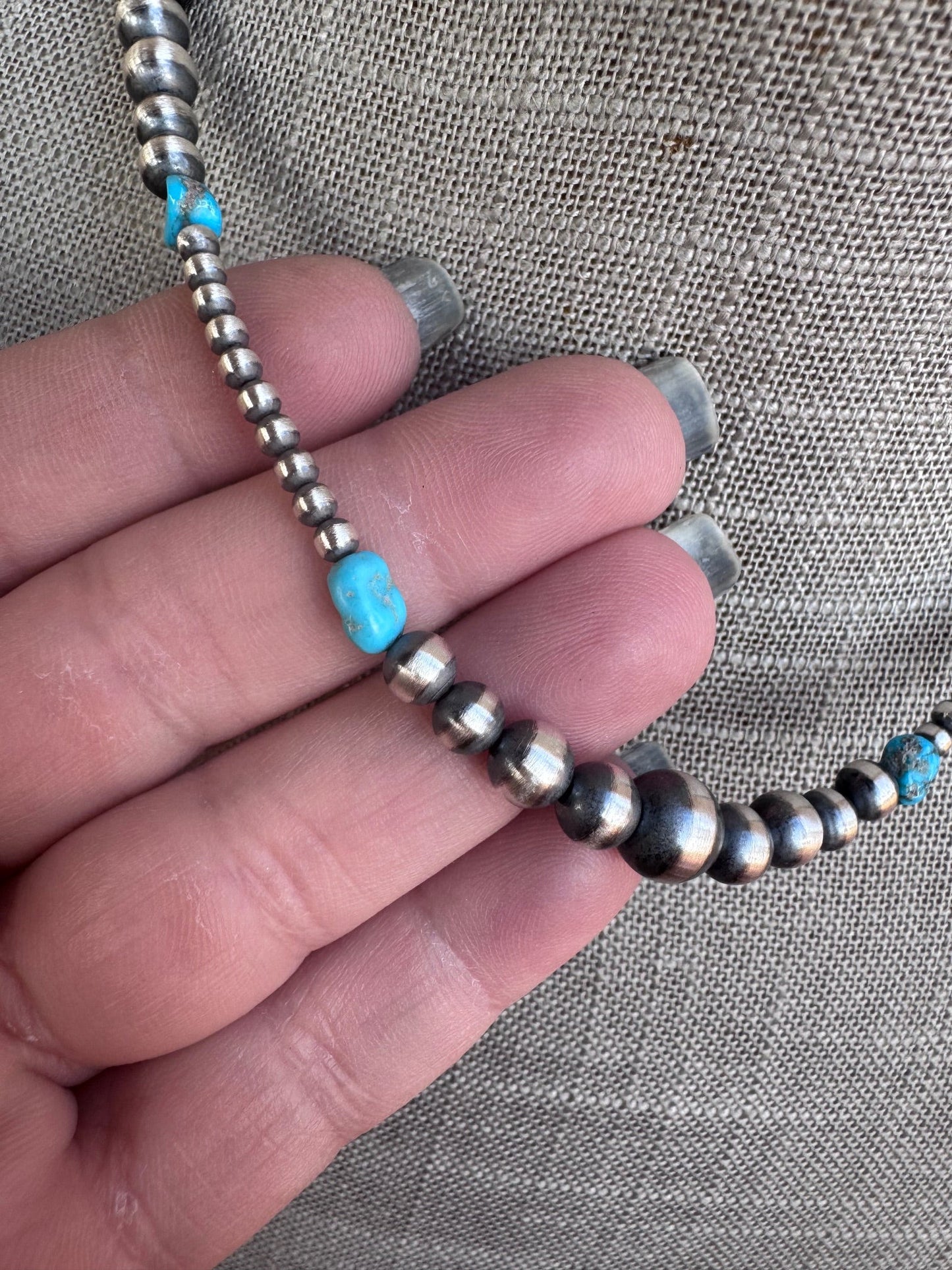Handcrafted Sterling Silver & Kingman Turquoise 3-8mm Beaded Necklace 16" -DS