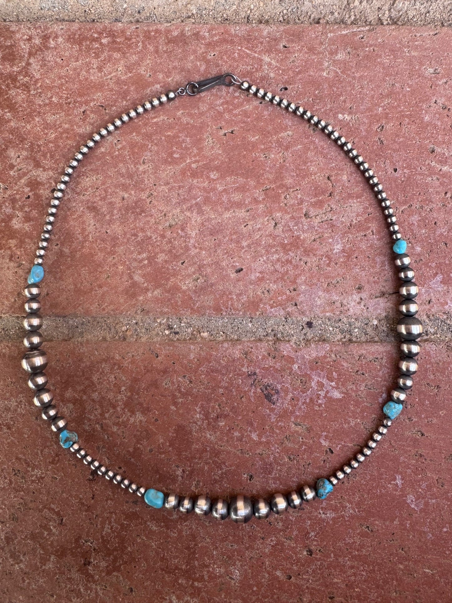 Handcrafted Sterling Silver & Kingman Turquoise 3-8mm Beaded Necklace 16" -DS
