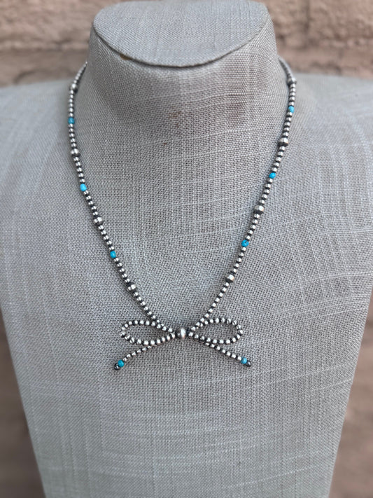 Handcrafted Sterling Silver & Turquoise Pearl 3-8mm Beaded Bow Tie Necklace 18"-DS