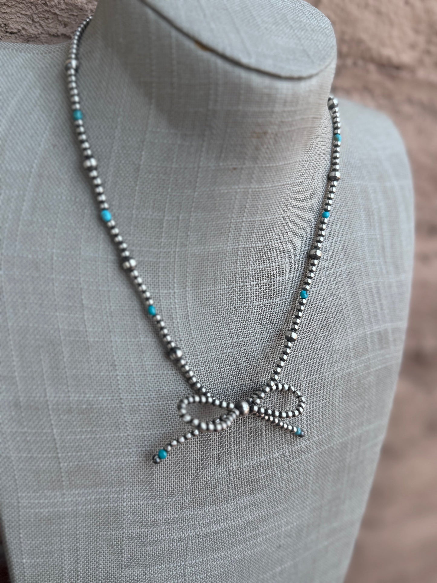 Handcrafted Sterling Silver & Turquoise Pearl 3-8mm Beaded Bow Tie Necklace 18"-DS