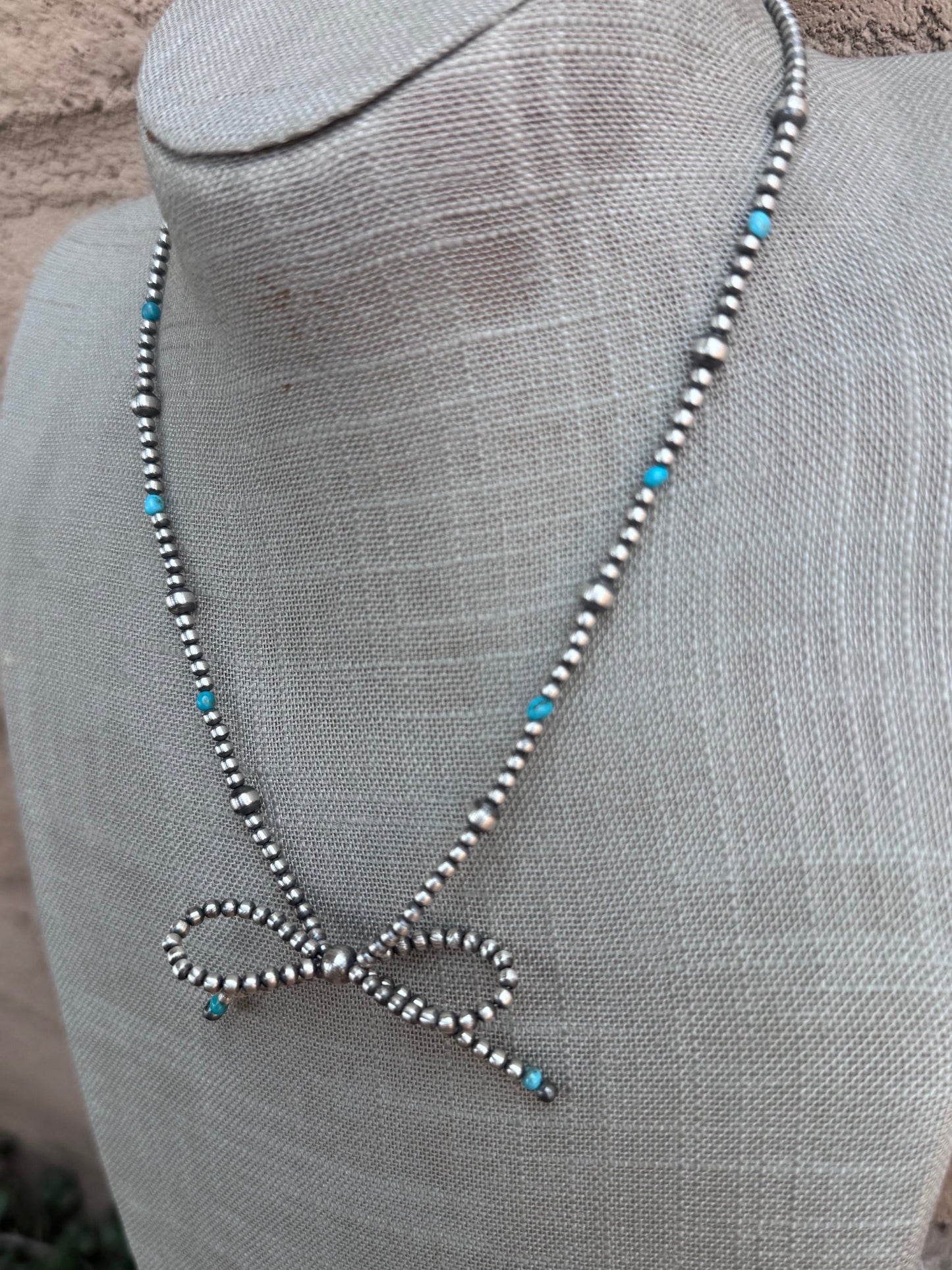 Handcrafted Sterling Silver & Turquoise Pearl 3-8mm Beaded Bow Tie Necklace 18"-DS