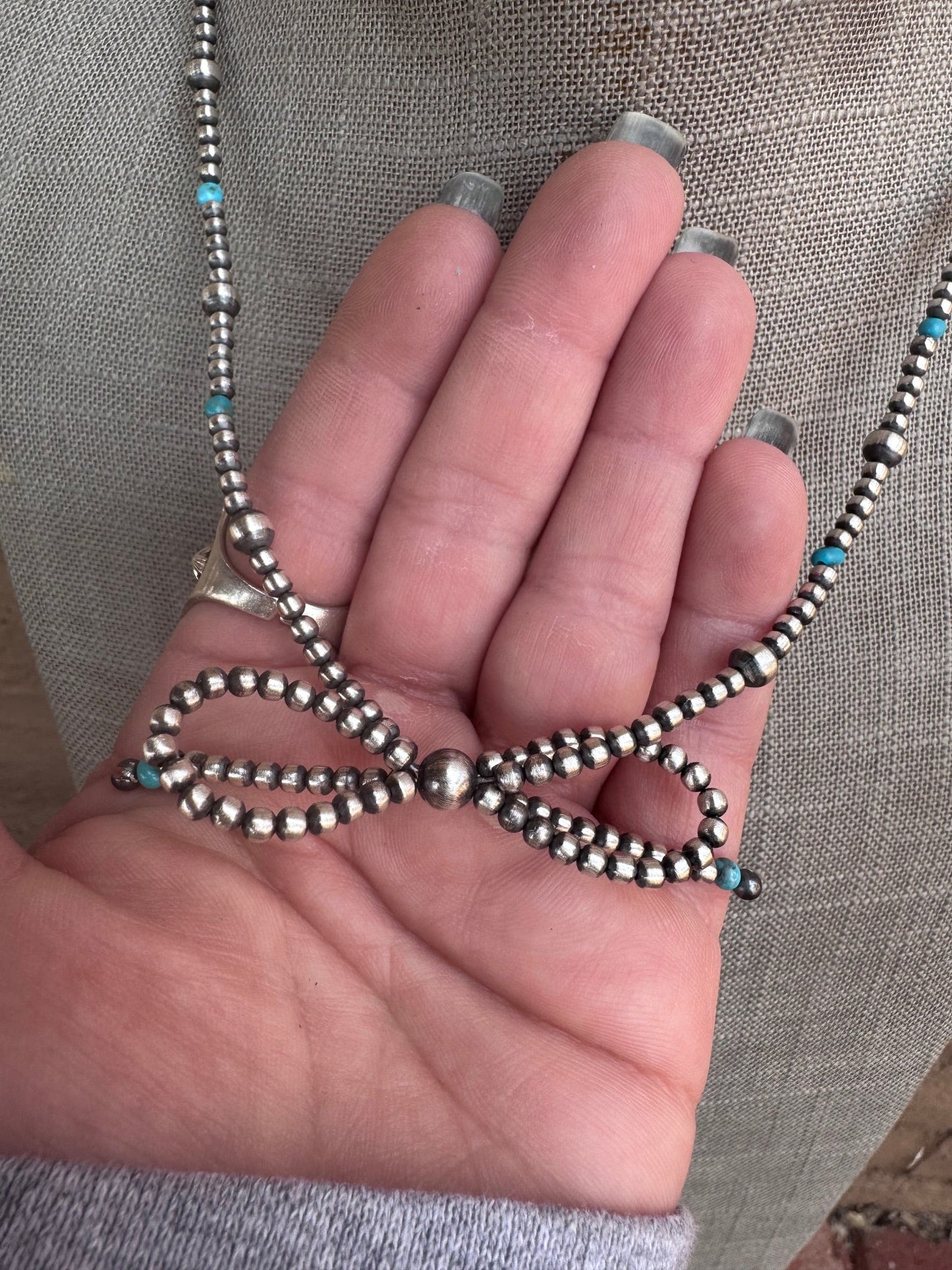 Handcrafted Sterling Silver & Turquoise Pearl 3-8mm Beaded Bow Tie Necklace 18"-DS