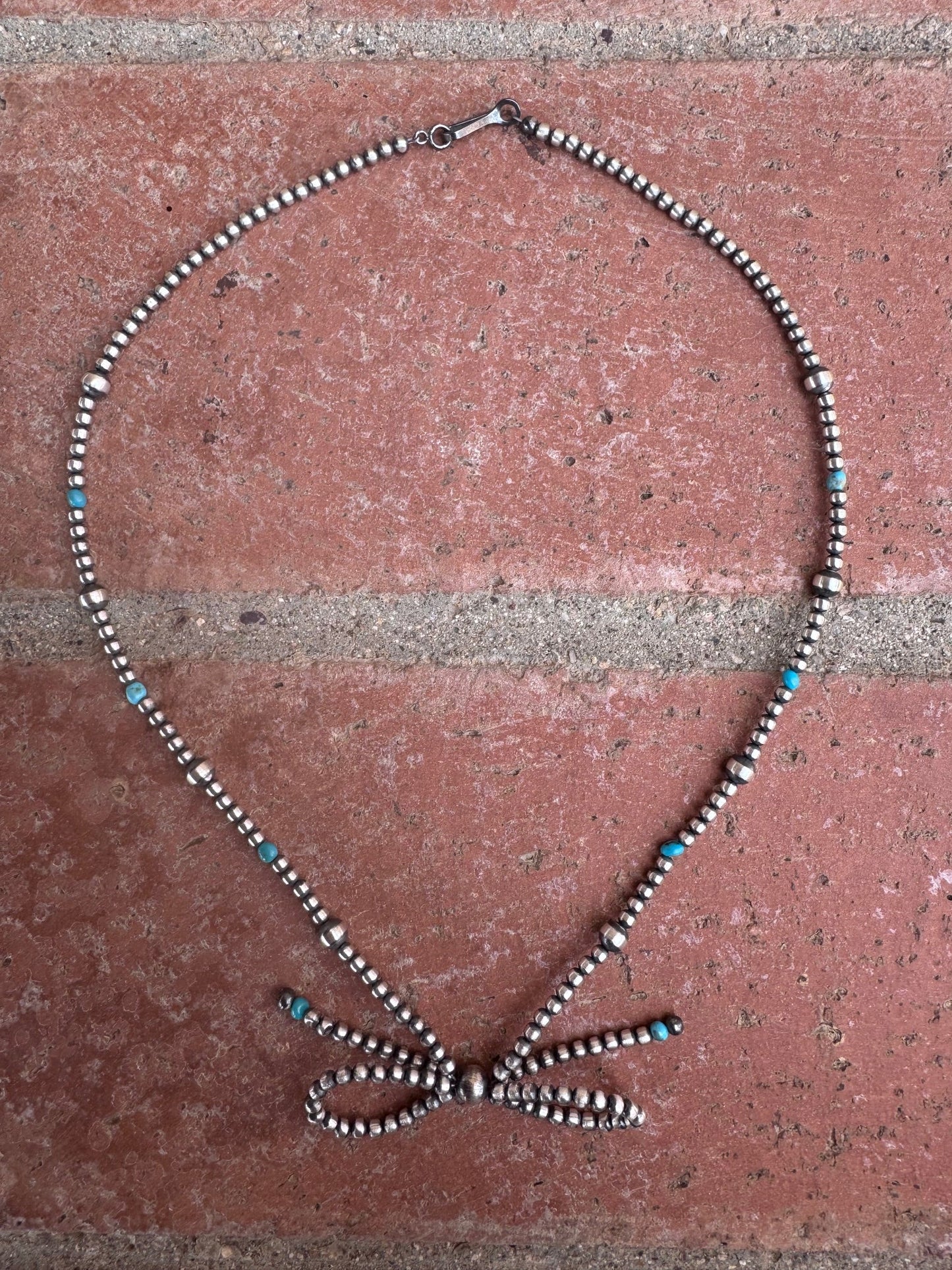 Handcrafted Sterling Silver & Turquoise Pearl 3-8mm Beaded Bow Tie Necklace 18"-DS