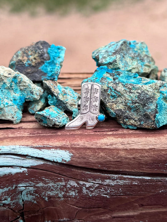 Handcrafted Sterling Silver & Turquoise Cowboy Boot Hat Pin -DS