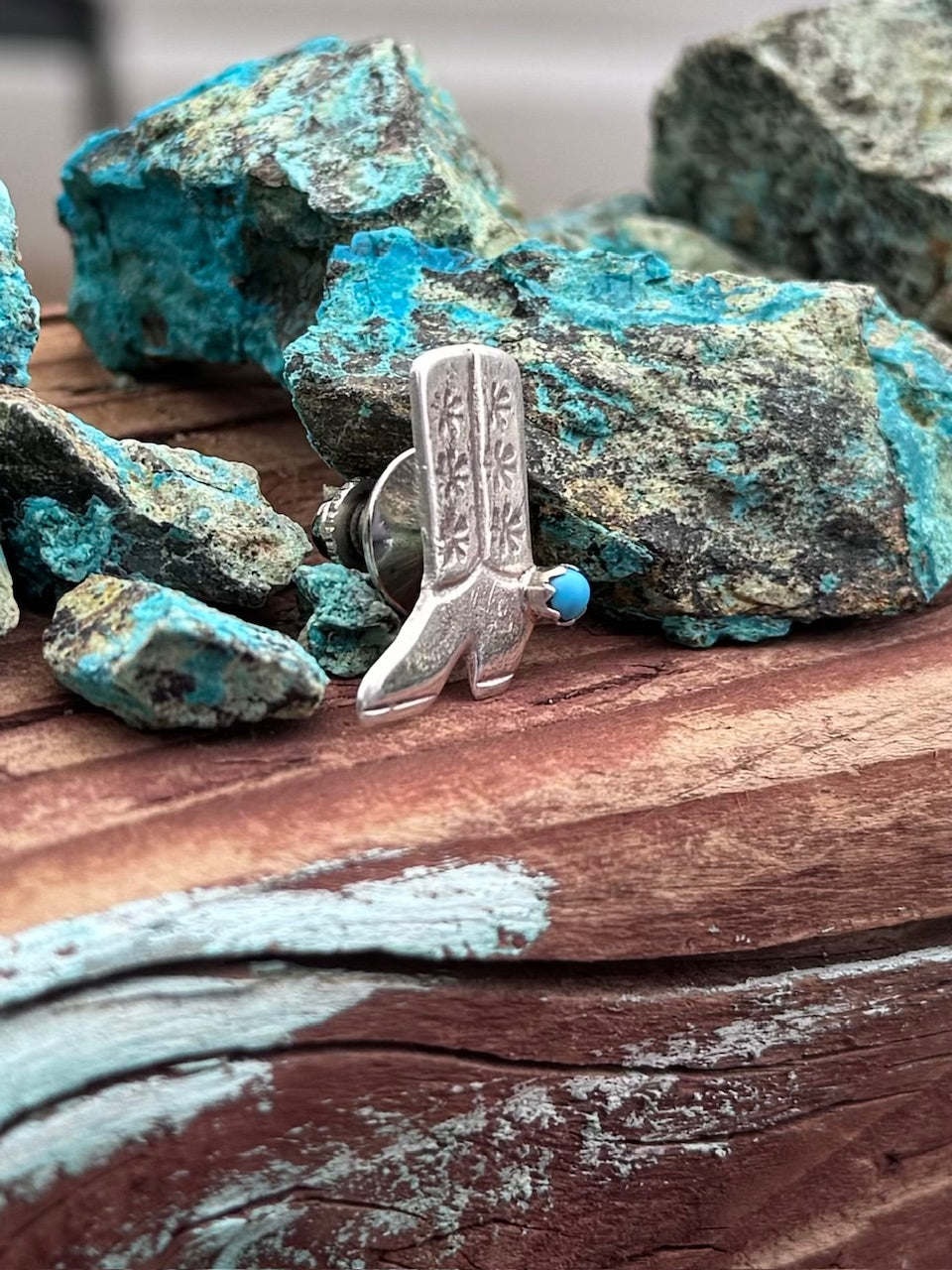Handcrafted Sterling Silver & Turquoise Cowboy Boot Hat Pin -DS