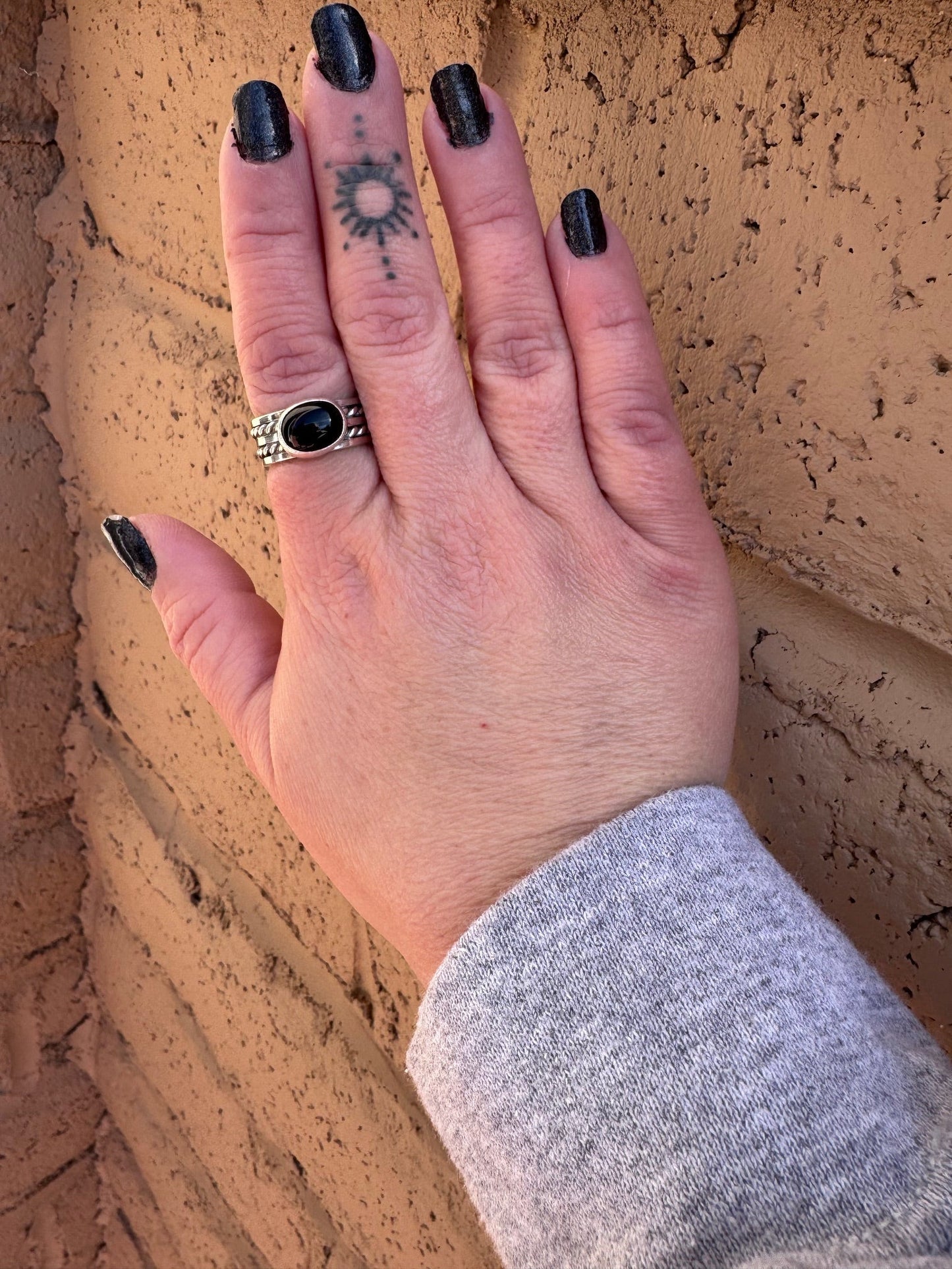 Handcrafted Black Onyx & Sterling Silver Band Ring -DS