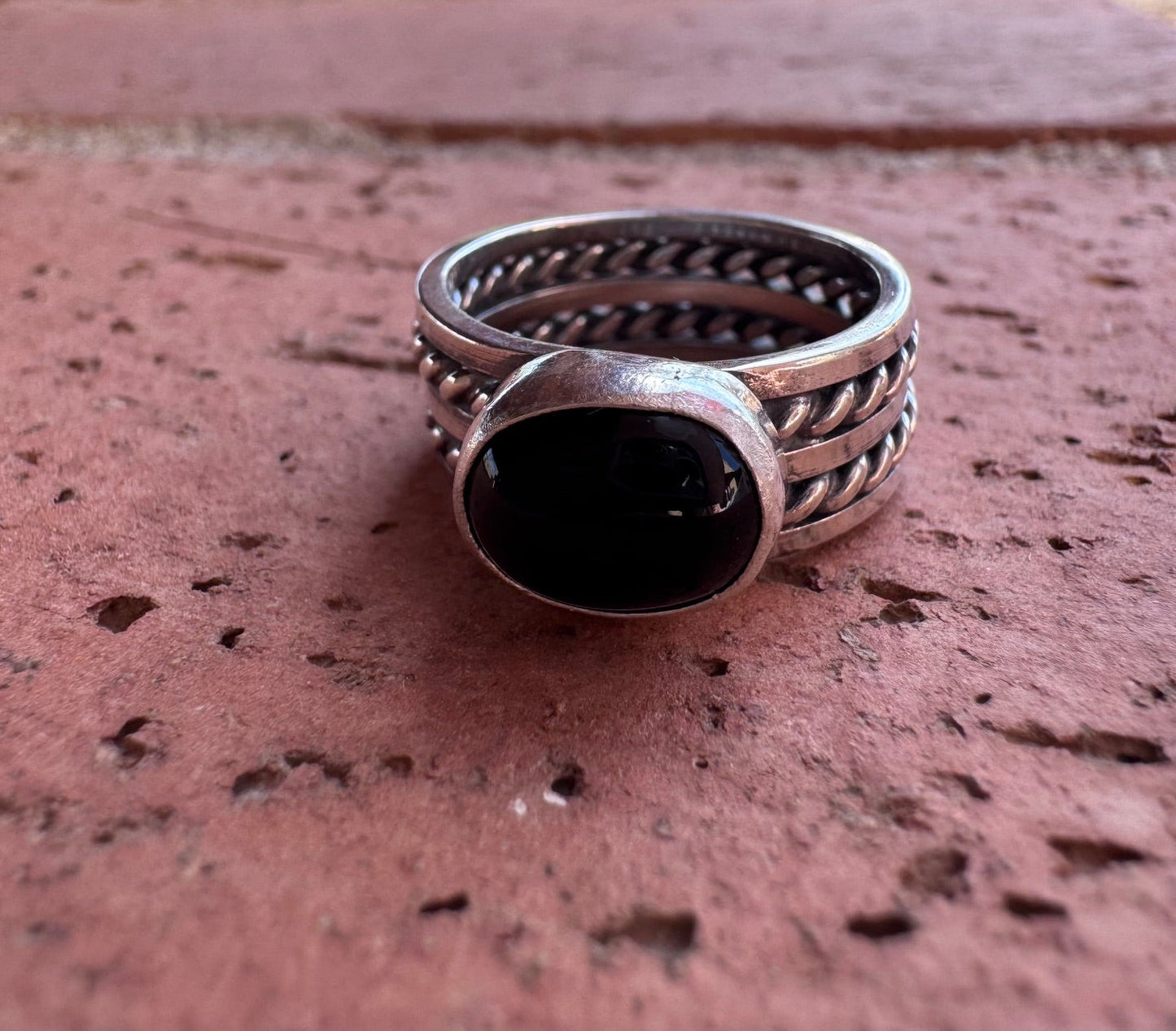 Handcrafted Black Onyx & Sterling Silver Band Ring -DS