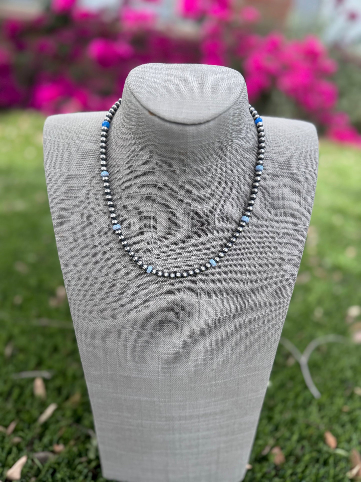 Handcrafted Blue Fire Opal & Sterling Silver Pearl Beaded 5mm Necklace 18" -DS