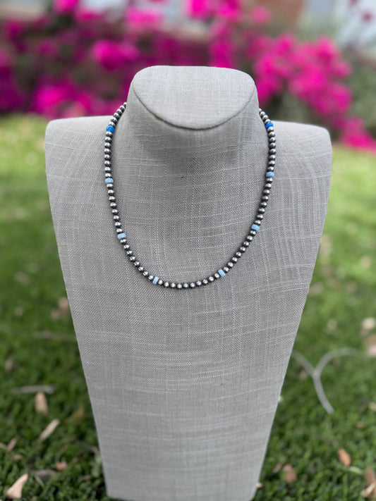 Handcrafted Blue Fire Opal & Sterling Silver Pearl Beaded 5mm Necklace 18" -DS