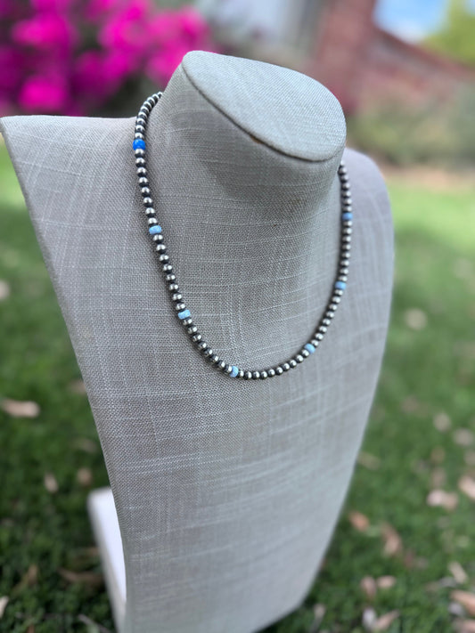 Handcrafted Blue Fire Opal & Sterling Silver Pearl Beaded 5mm Necklace 18" -DS
