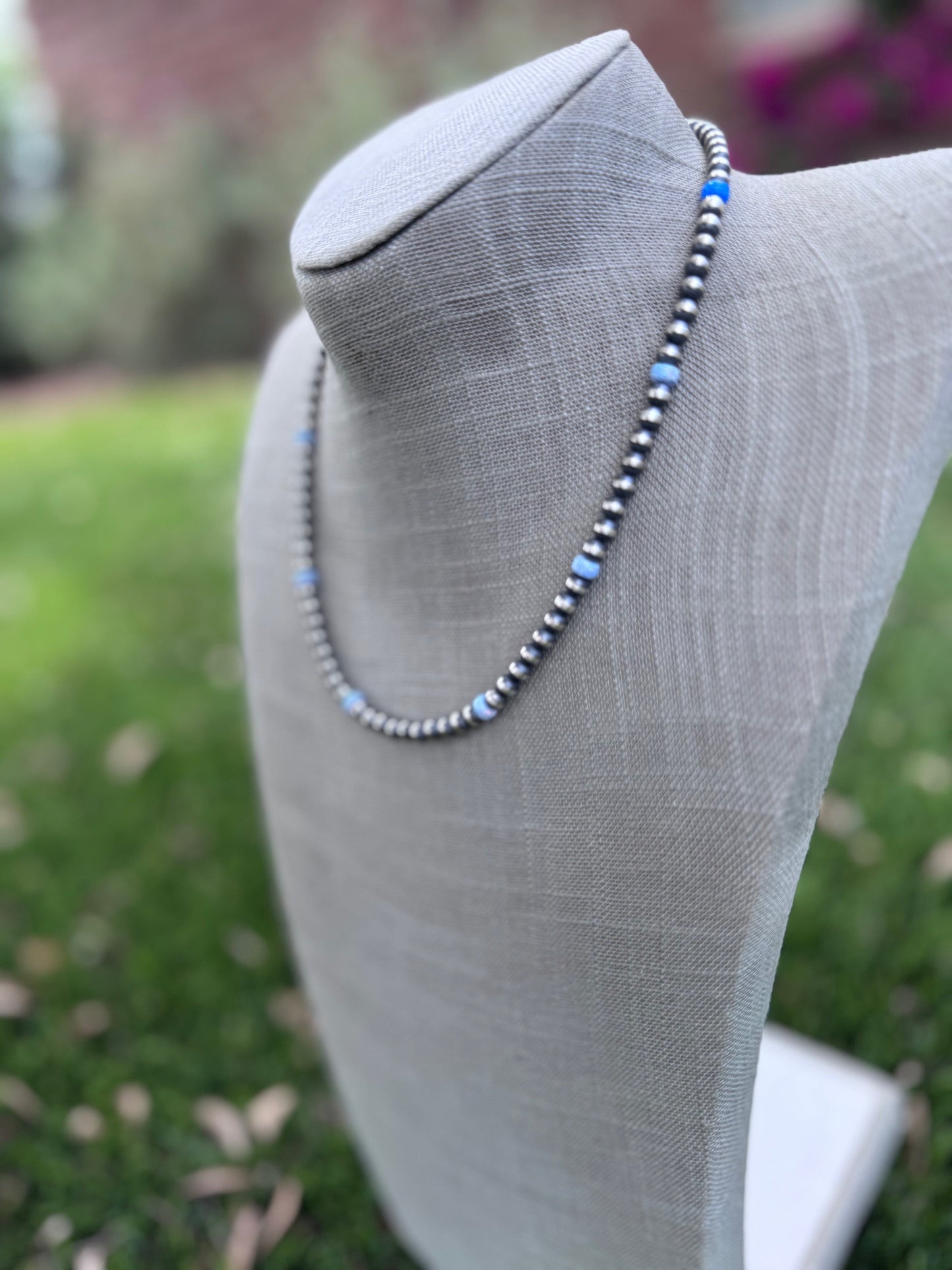 Handcrafted Blue Fire Opal & Sterling Silver Pearl Beaded 5mm Necklace 18" -DS
