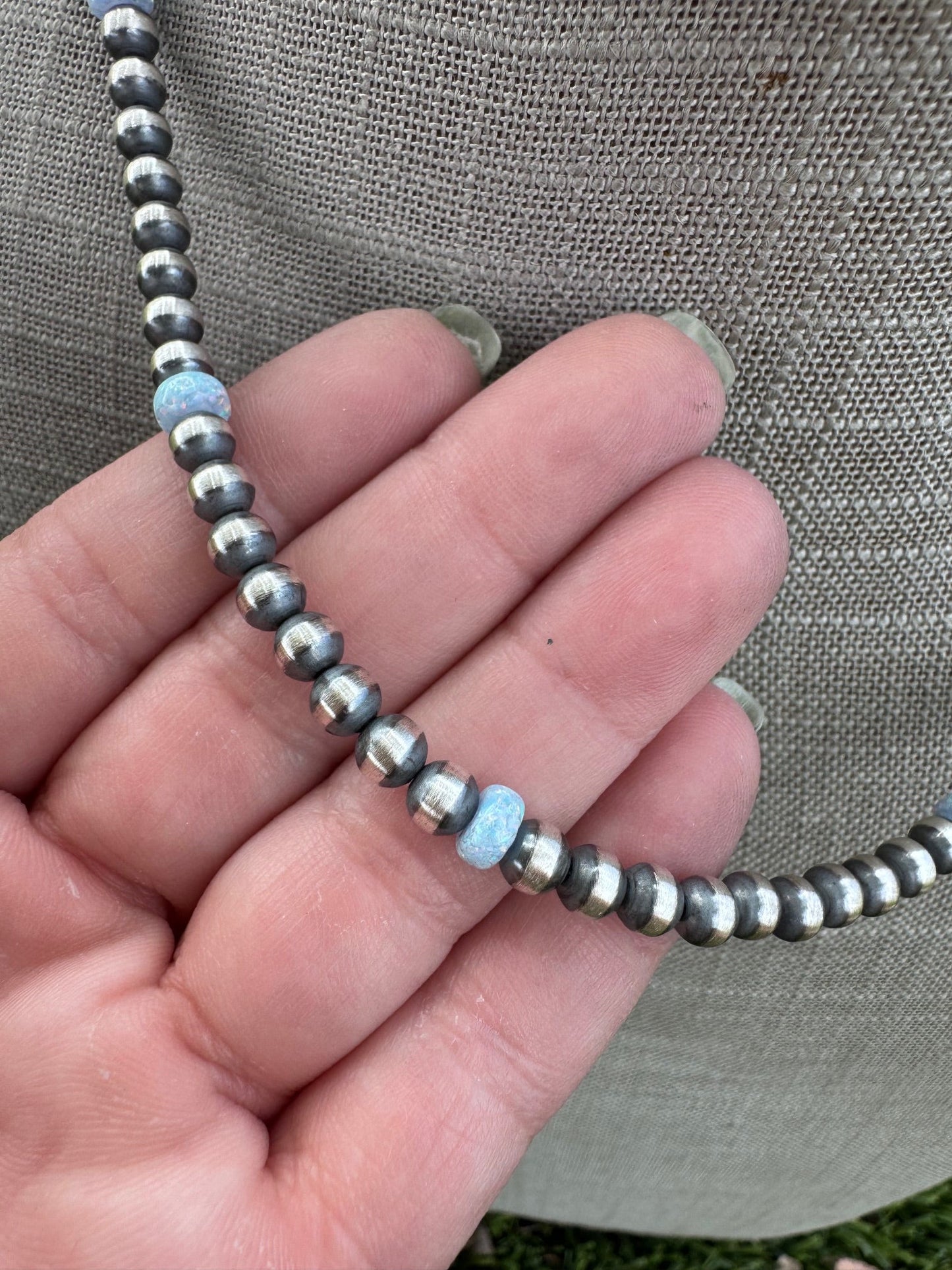 Handcrafted Blue Fire Opal & Sterling Silver Pearl Beaded 5mm Necklace 18" -DS