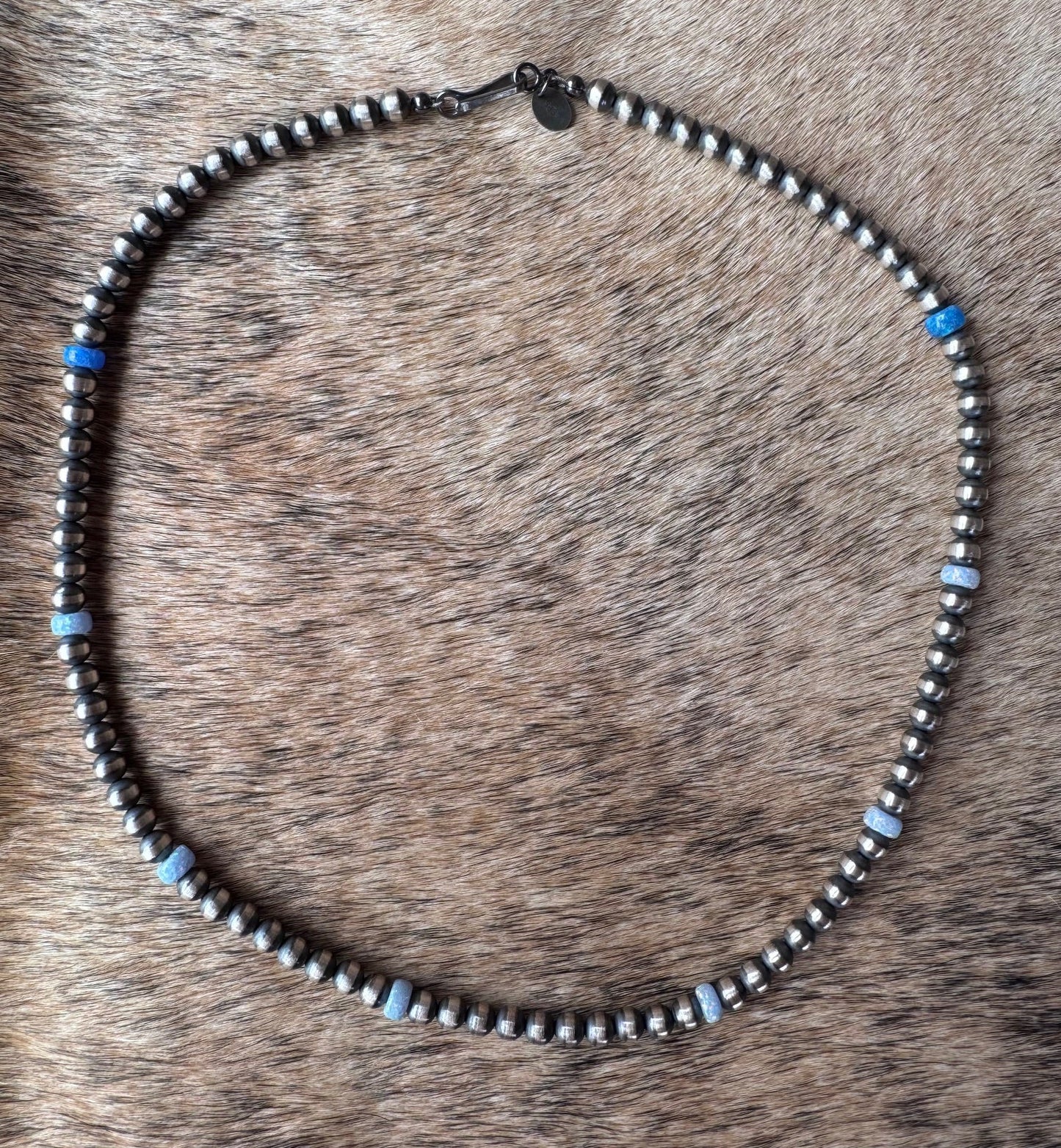 Handcrafted Blue Fire Opal & Sterling Silver Pearl Beaded 5mm Necklace 18" -DS