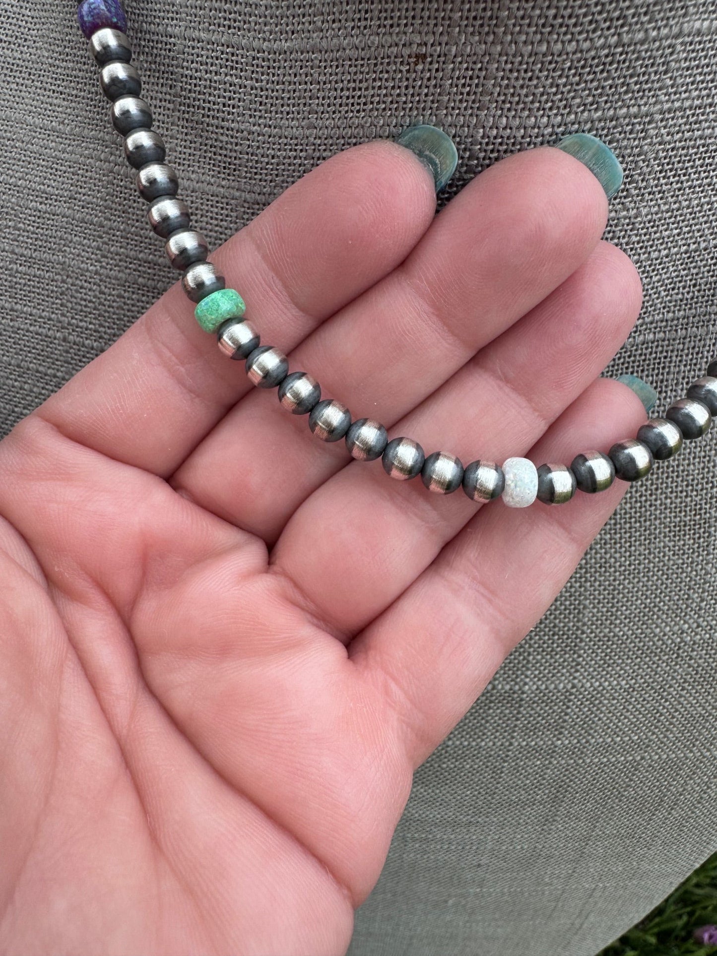 Handcrafted Fire Opal Collection & Sterling Silver Pearl Beaded 5mm Necklace 16" -DS