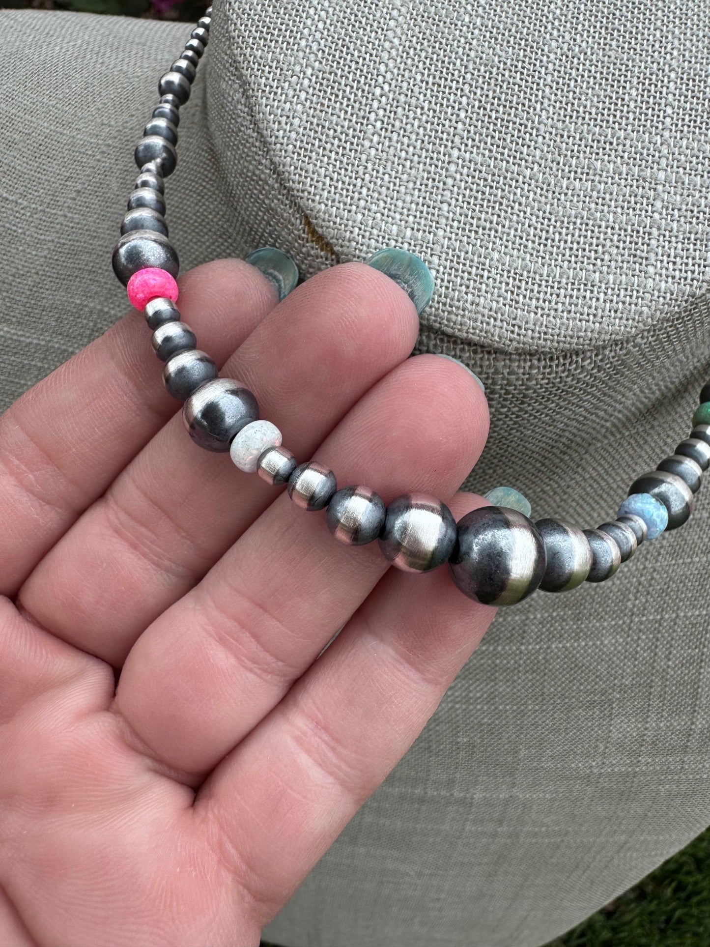 Handcrafted Fire Opal Collection & Sterling Silver Pearl Beaded 3-10mm Necklace 14"-DS