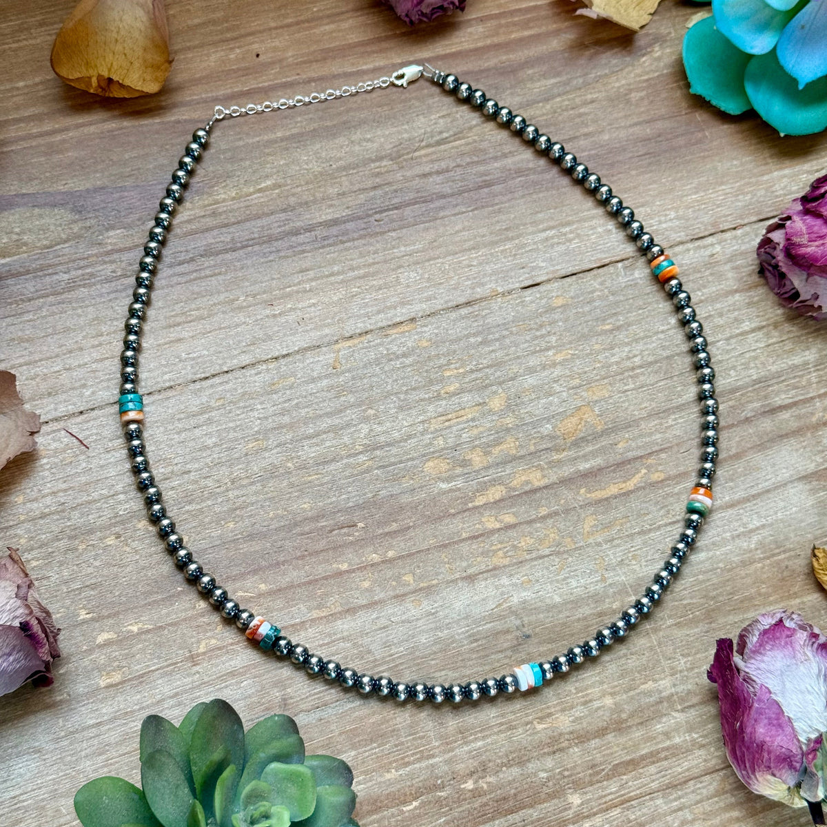 Mixed Turquoise & Spiny Oyster Heishi Necklace – 19” -DS