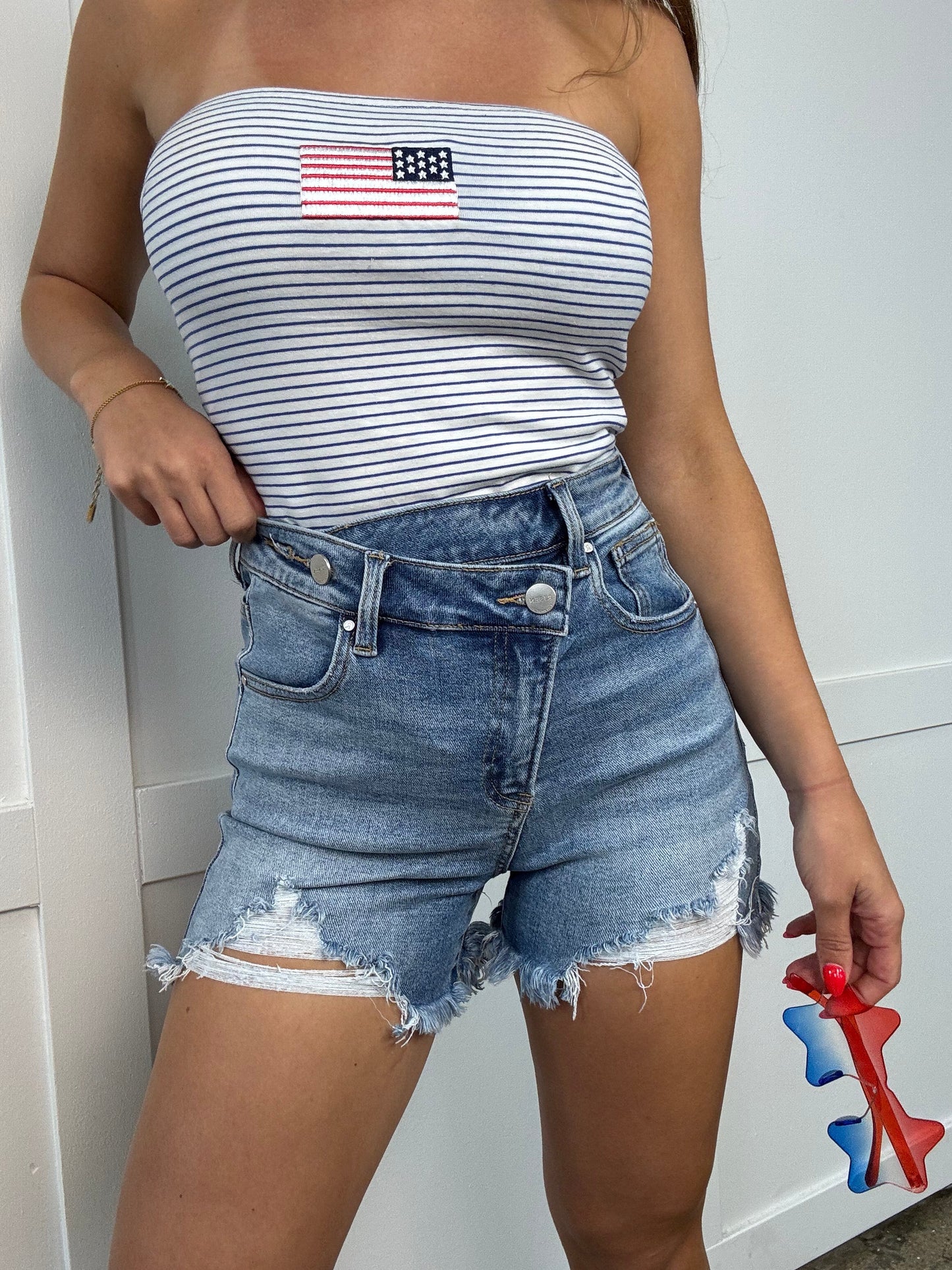 Lindsey Asymmetrical Distressed Shorts- Medium Wash -DS