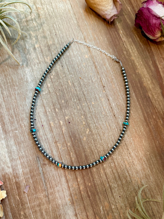 Mohave & Sterling Silver Beaded Necklace – 4 mm Sterling + 6 mm Mohave -DS