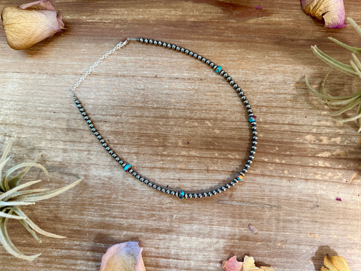 Mohave & Sterling Silver Beaded Necklace – 4 mm Sterling + 6 mm Mohave -DS